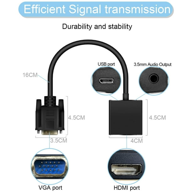 Giveet Adaptateur convertisseur VGA vers HDMI 1080p (mâle vers femelle)  pour ordinateur, ordinateur de bureau, portable, moniteur, projecteur, TVHD  avec câble audio et câble USB (alliage d'aluminium) : :  Électronique