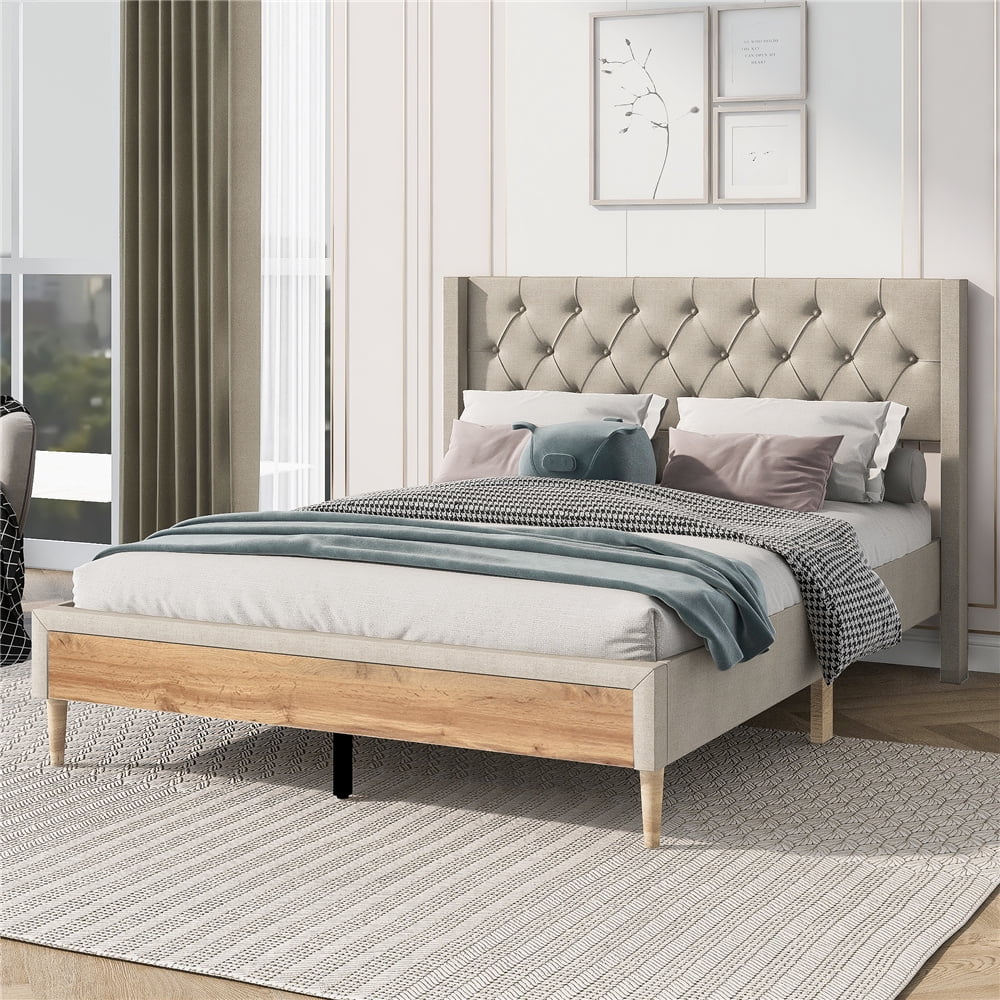 UHOMEPRO Linen Fabric Upholstered Platform Bed with Headboard, Heavy