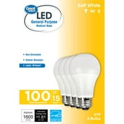 Great Value LED Light Bulb, 15W (100W Equivalent) A19 General Purpose Lamp E26 Medium Base, Non-dimmable, Soft White, 4-Pack