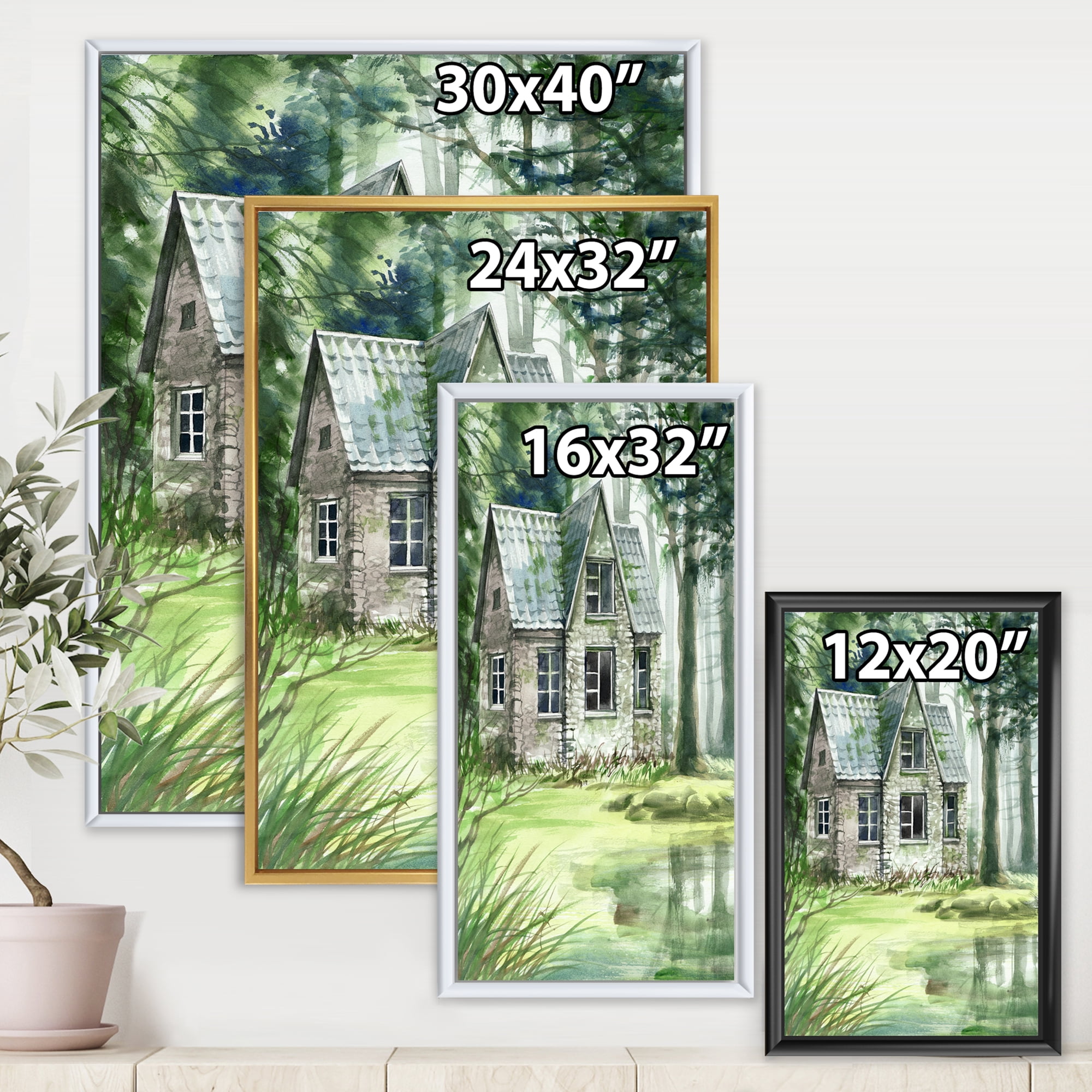 Old Haunted House In The Pine Forest 12 in x 20 in Framed Painting Canvas Art Print, by Designart