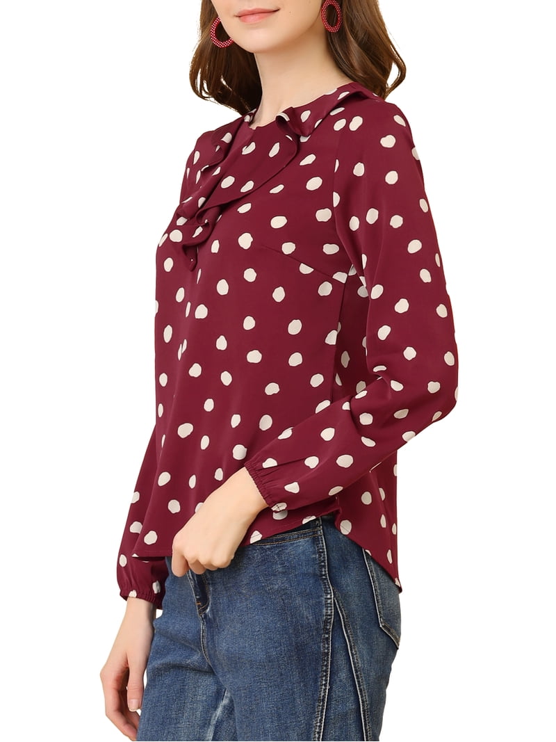 MODA NOVA Juniors Ruffle Neck Long Sleeve Polka Dots Blouse Shirts
