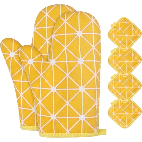 HEETLY Pot Holders and Oven Mitts Set, 6 Piece Cotton Kitchen Set (2 Oven Mitts + 4 Pot Holders), Heat Resistant 392°F for Cooking Baking Grilling