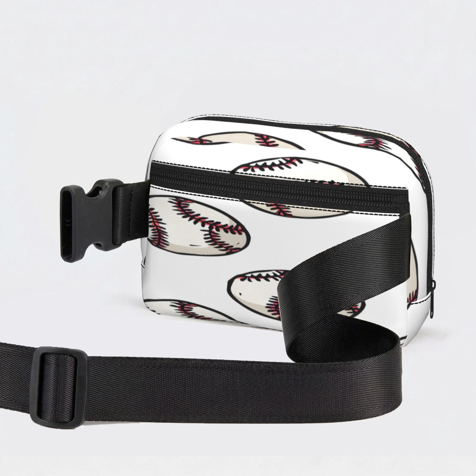 Unisex Square Waist Bag Stylish Backpack For Hiking Running Fitness Workouts Shopping And Travel Baseball Theme Sporty Dynamic White Baseballs With Red Stitching