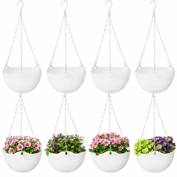 8 Pack Hanging Planter Pots, Self Watering Hanging Plant Pots with Water Tray, Drain Plug and Metal Chain, 8 Inch White Plastic Hanging Flower Pots for Indoor Outdoor Plants Garden Porch Balcony