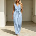 thumbnail image 3 of ClodeEU Women's V Neck Sleeveless Top and Elastic Waist Drawstring Wide Leg Pants Set with Pockets ,Casual Two Piece Outfit Light Blue,Women's Plus XL, 3 of 7