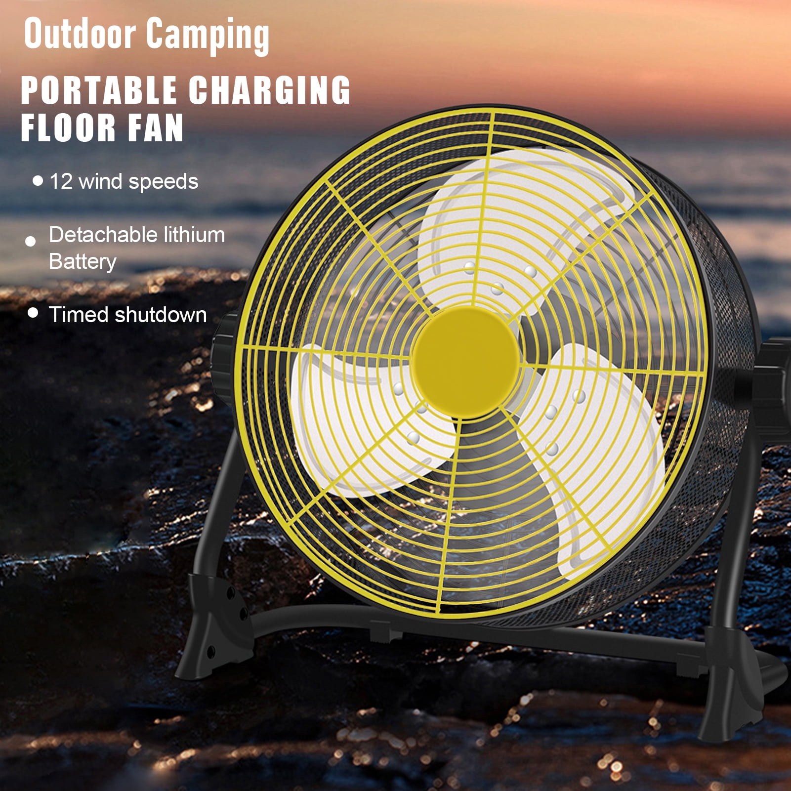 Happydeer Battery Operated Floor Fan Rechargeable Powered Fan Cordless High Velocity Metal Blade Portable Fan for Camping Travel Patio Tent Indoor Outdoor Fan 12 Inch 360 Degree Manual Tilt 12 Speed