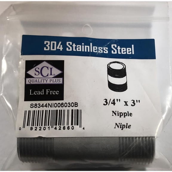 Smith-Cooper S8344NI006030B 0.75 x 3 in. Pipe Nipple S40 Stainless Steel 304