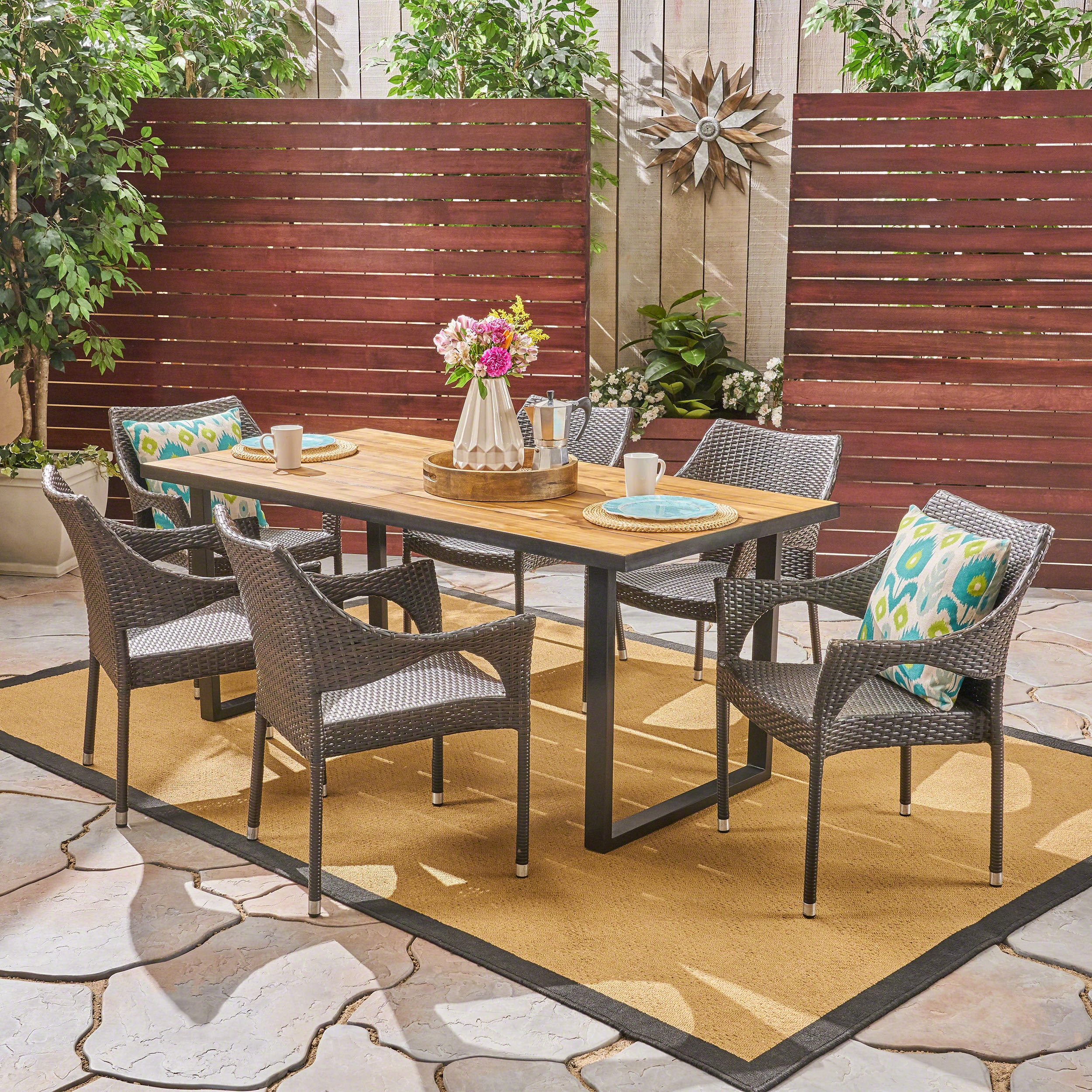 Andre Outdoor 7 Piece Rectangular Acacia Wood and Wicker Dining Set ...