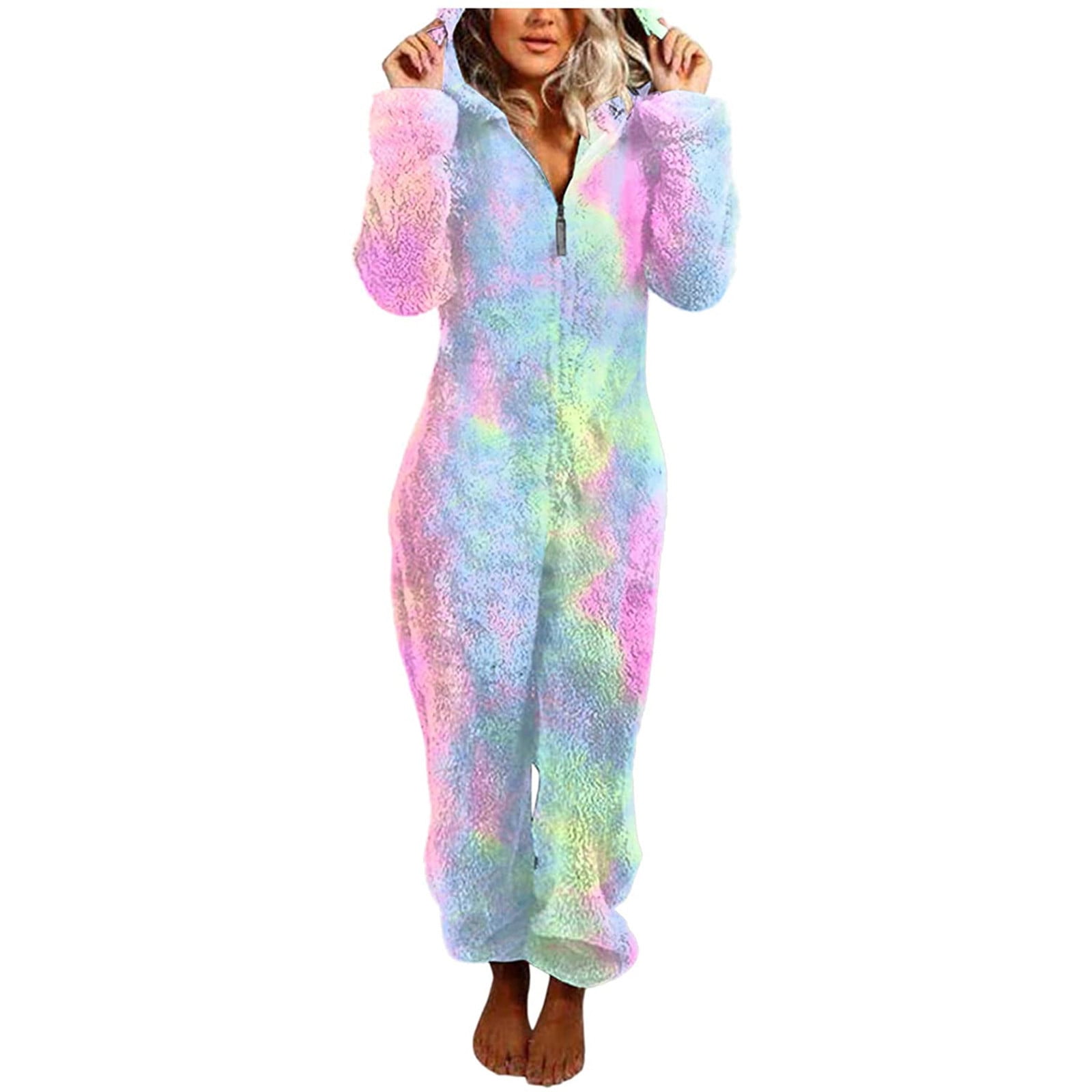 Women's Onesies Fleece Pajamas New Onesie Pajamas for Women Zipper up Jumpsuits Fuzzy Long Sleeve Cute Costumes Tie Dyed Sleepwear Style B-1 Multicolor XL