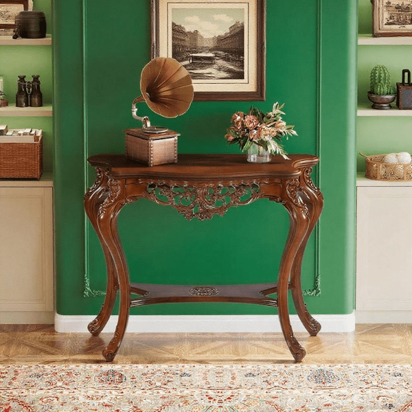 38-Inch Vintage Carved Console Table, 2-Tier Distressed Brown Entryway Table with Hollow Floral Motifs, Victorian Style for Living Room & Hallway