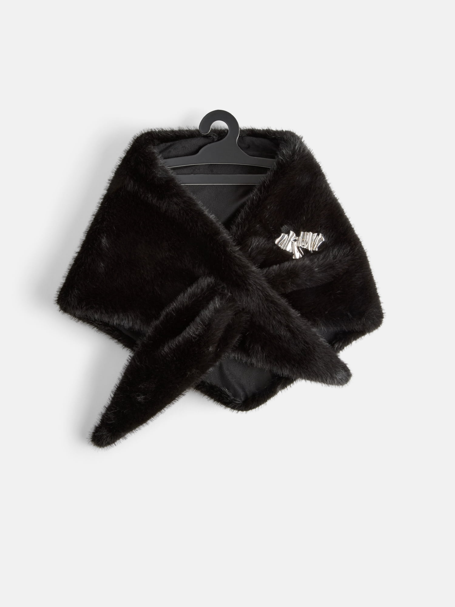 Scoop Women's Faux Fur Triangle Scarf with Brooch, Black Soot