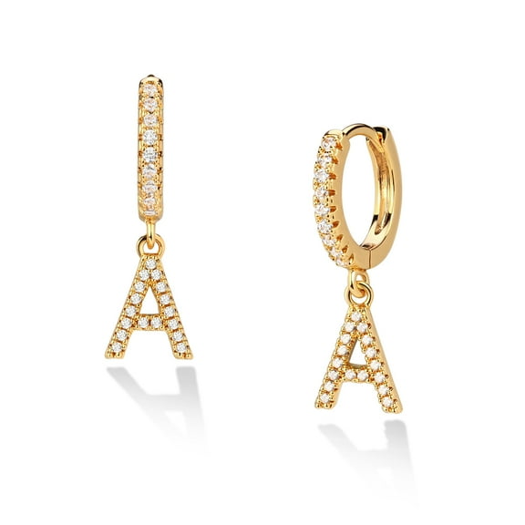 Fettero 18K Gold Plated Initial Letter Diamond Cubic Zirconia Alphabet Dangle Drop Huggie Hoop Earrings for Women
