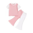thumbnail image 2 of Aojekbee Kid Girls Pants Set, Contrast Color Short Sleeve Crew Neck T-shirt with Flare Pants Summer Outfit, 2 of 10