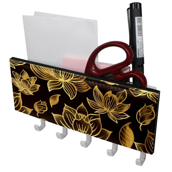 PhooArto Key Holder for Wall Decorative with 5 Key Hooks, Golden Lotus Flower Pattern Holders Wall Mount Organizer with Mail Key Rack, Self Adhesive