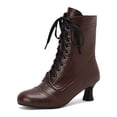 thumbnail image 1 of YOUSNH Bottes Mode Femme Bout Rond Talon Bas Lacets Fermeture Éclair Latérale Mi-Mollet Bottines Marron 6.5, 1 of 7