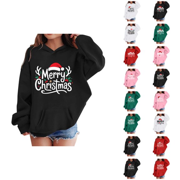Boys Girls Christmas Hoodie Long Sleeve Merry Christmas Graphic Hooded Sweatshirt with Pockets Kids Pullover Tops 2-13 Years