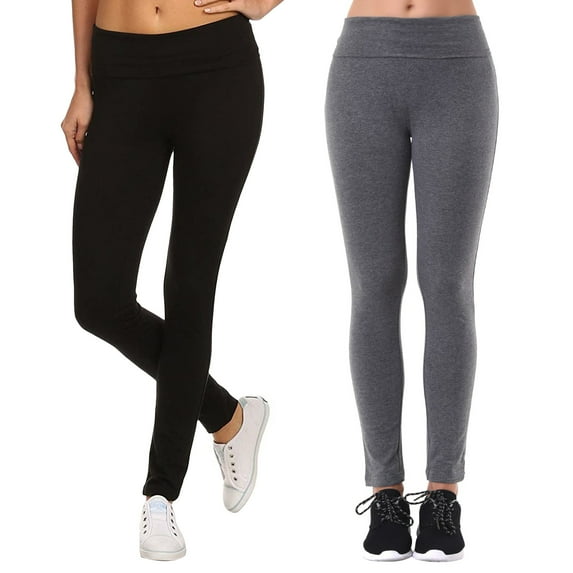 "Women's Cotton Stretch Ankle Length Slim Fold-Over Tight Leggings // Solid (2PK: Black/H Grey), Size: L"