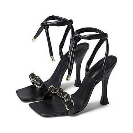 

Schutz Rainah Black Nappa Leather Buckle Ankle Braided Chain Straps Heel Sandal (BLACK 5)