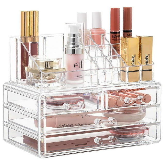 Acrylic Clear Dustproof Makeup Storage Organizer Drawers Large Skin Care Cosmetic Display Cases for Bathroom Stackable Storage Box with 4 Drawers for
