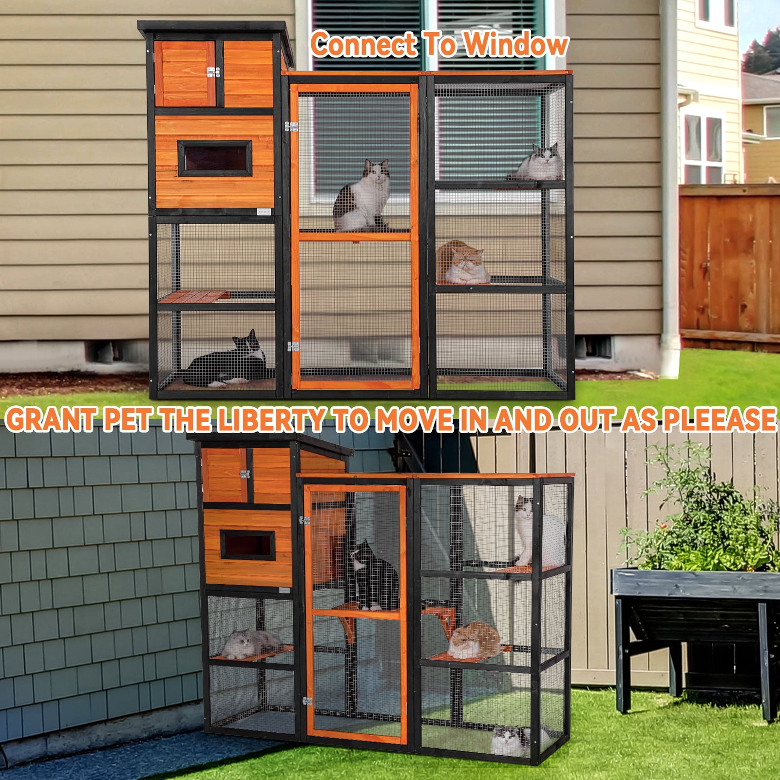 Petsfit Large Wooden Outdoor Cat House with 2 Resting Rooms, 4 Platforms, and Waterproof Roof, Orange