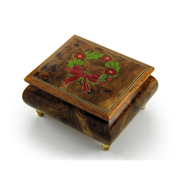 Handcrafted 18 Note Sorrento Music Box with Christmas Theme Wood Inlay of a Christmas Wreath - Music of the Night (Phantom of the Opera)