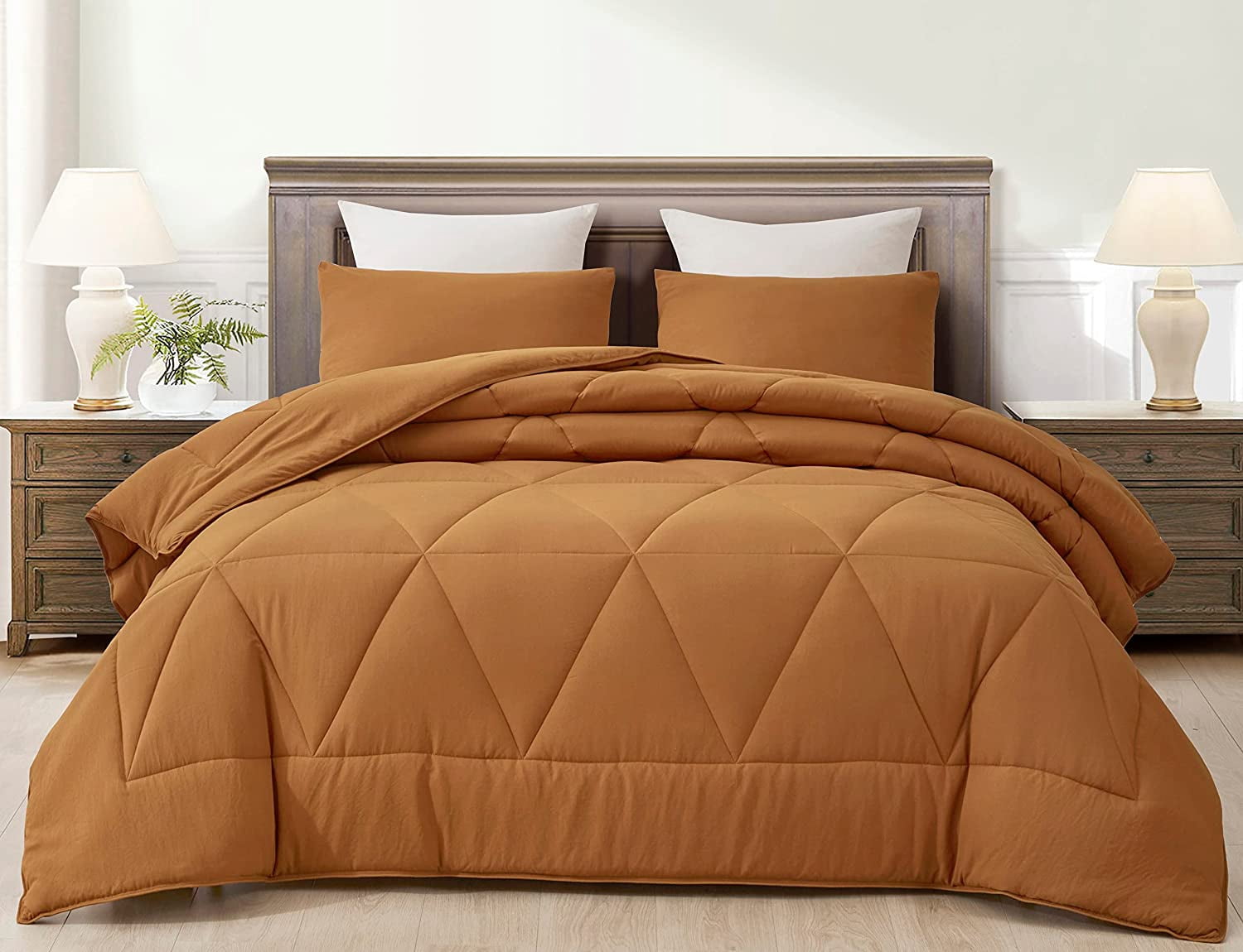 Chezmoi Collection Rory Spice Orange Comforter Set Full Size 3-Piece Fluffy Soft Lightweight Bedding Triangle Quilted Stone-Washed Microfiber Comforter Set for All Season