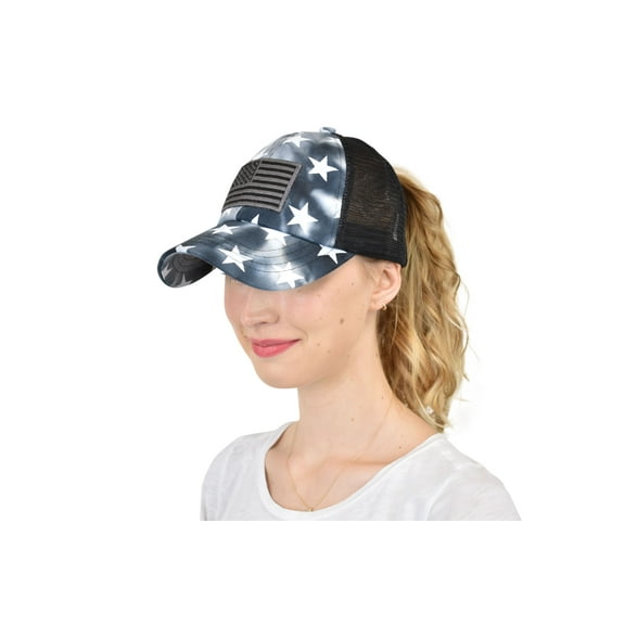 C.C Ponycap Messy High Bun Ponytail Adjustable Mesh Trucker Baseball Cap Hat, Criss Cross Stars and Flag, Black