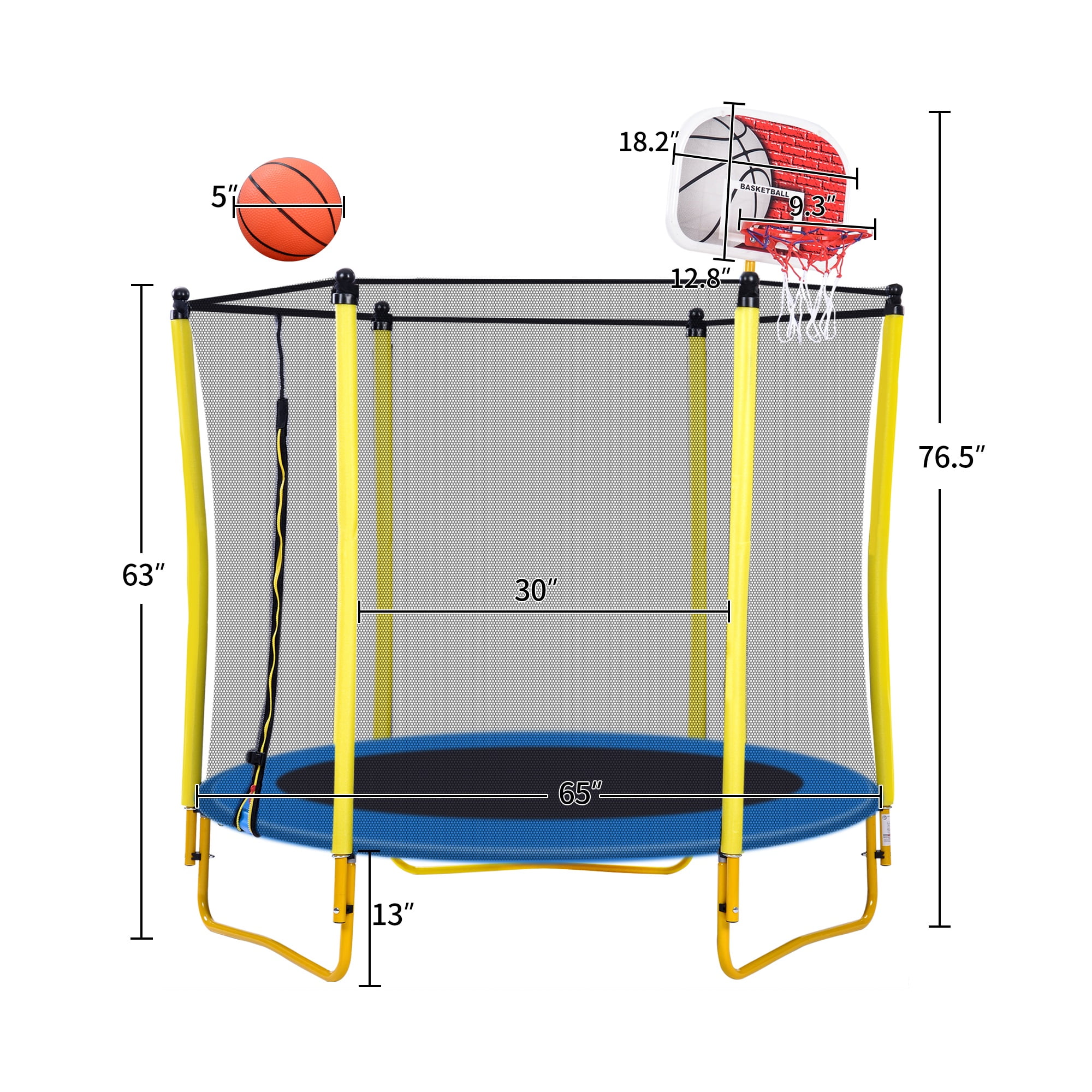 5.5FT Toddler Trampoline with Basketball Hoop, SHINPT Mini Trampoline for Kids, 65" Outdoor/Indoor Trampoline with Enclosure Net, Recreational Trampoline for Patio, Backyard, Garden, Lawn, Yard