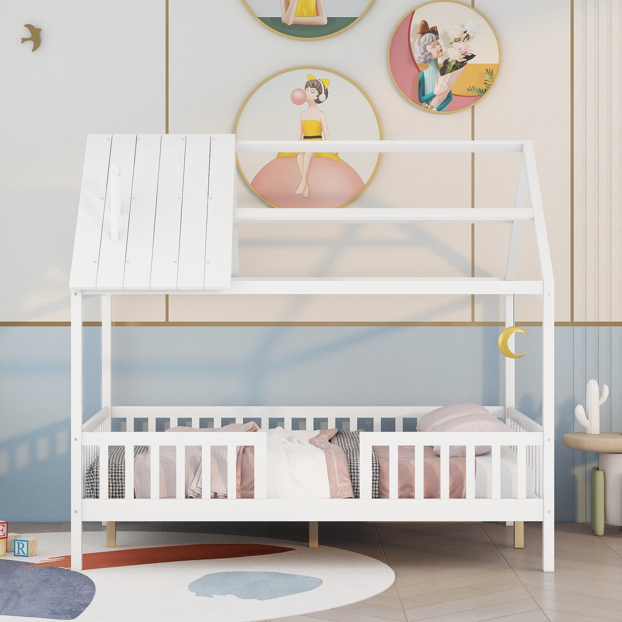 Bellemave Full House Bed, Full Size Wood Bed Frame with Roof and Fence, Montessori Beds Frame with Slats, No Box Spring Needed (White)