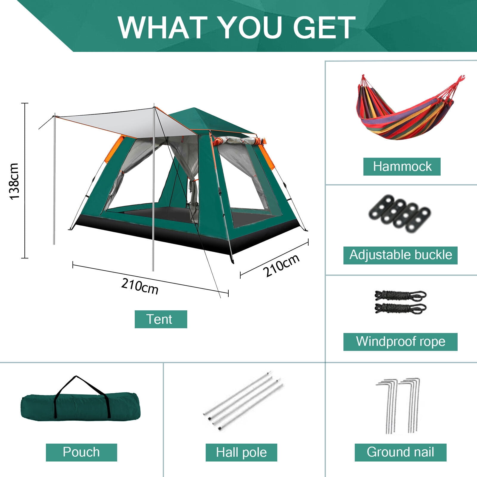 SHANNA Instant Camping Tent Portable Large Pop Up Tent 3-4 Person Dome Family Hexagon Tents Pop up Sun Shade Tent for Outdoor Camping Hiking, Dark Geen Tent + Red Hammock