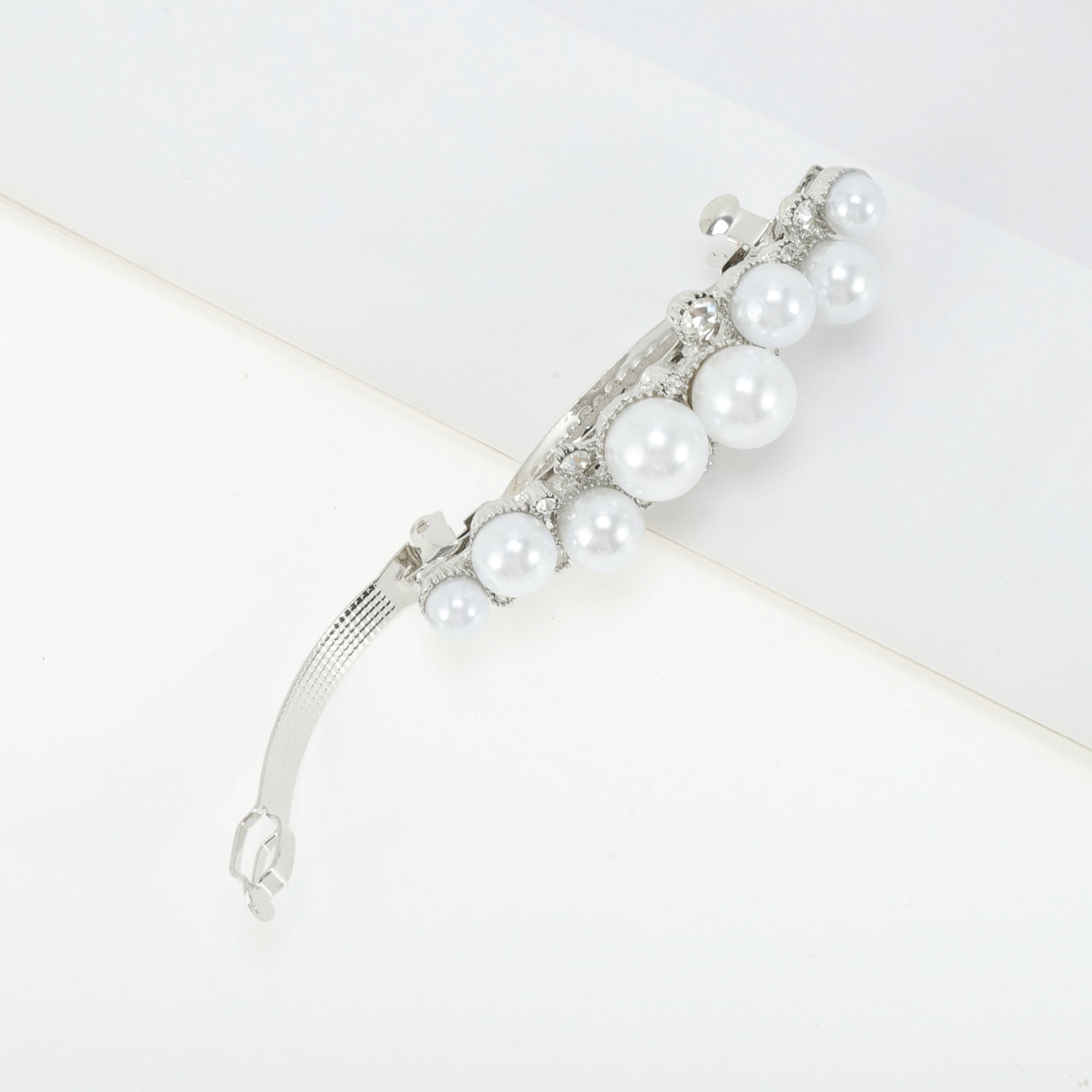 Unique Bargains Cute Hair Clips Durable Hair Styling Silver Tone White Pearl Spring Clip