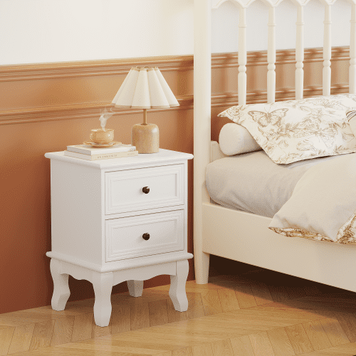 Modern Nightstand with 2 Drawers, French Country Bedside Table with Elegant Carved Legs, Small End Table for Bedroom, Living Room, Guest Room, White (1 PC)