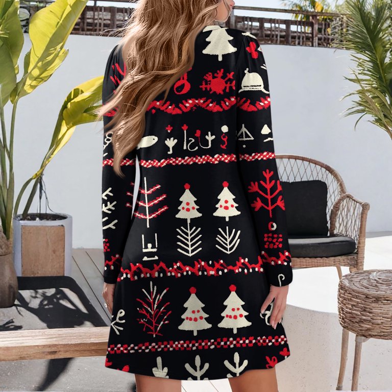 Women's Christmas Printed Dress Loose Fit V-Neck Casual Long Sleeve Holiday Party Dress, Flowy A-Line Vintage Style with Festive Pattern,Black,Size L