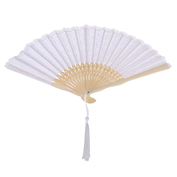 EeaseMX Abanico vintage de bambú, elegante abanico plegable chino de mano, con encaje (blanco)