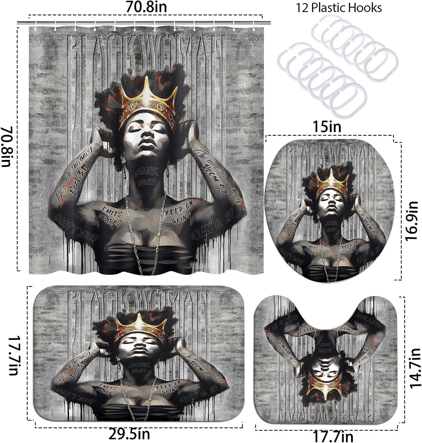 Black Woman Shower Curtain Sets with Rugs, Boho Inspirational Quote African American Girl Bathroom Sets with Shower Curtains, Toilet Lid Cover, Bath Mat, Colorful Fabric Bathroom Curtain Shower Set