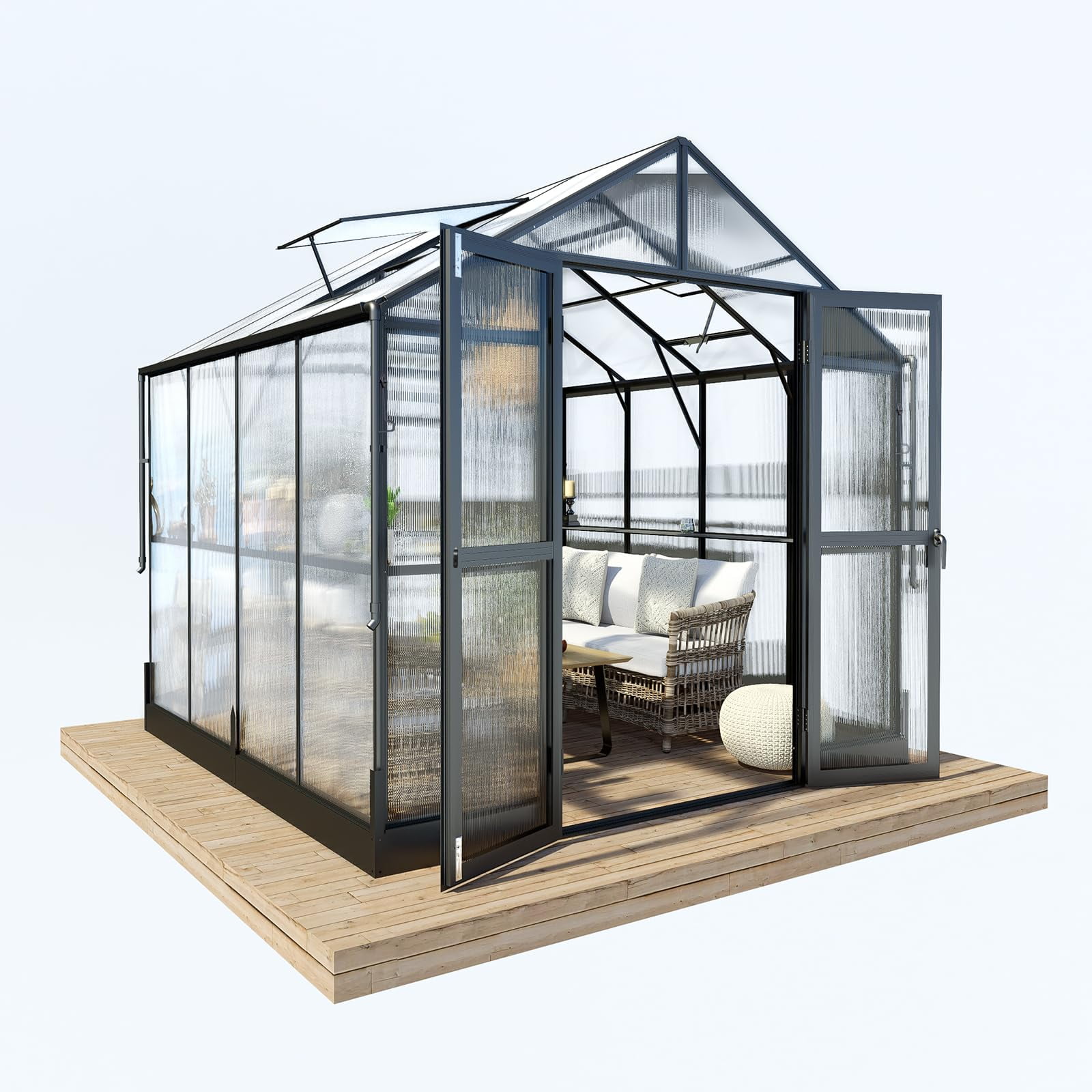 Jocisland 8x8x7.5 ft Outdoor Aluminum Polycarbonate Walk in Greenhouse with Ventilation and Rain Gutter, Double Doors with Hook for Outdoors (Black)