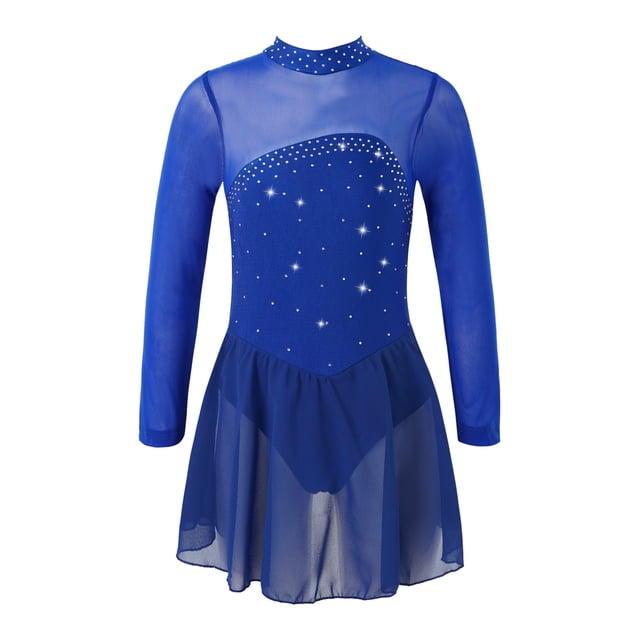 Sxiwei Kids Girls Long Sleeve Mesh Splice Figure Skating Dress with Rhinestone Keyhole Back Gymnastic Royal Blue 16
