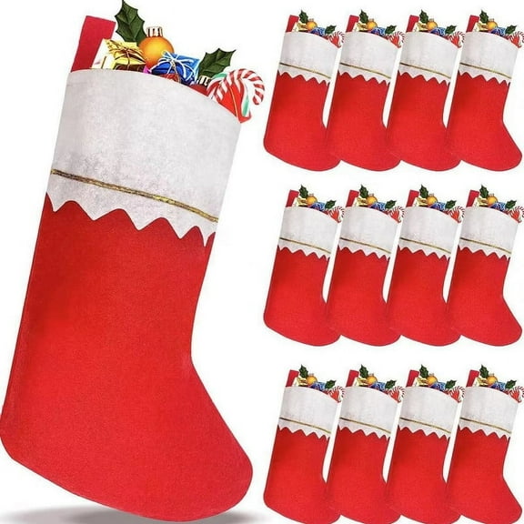 Vorkoi 12 Pack Felt Christmas Stockings, 19 Inches Red and White Christmas Stockings Hanging Ornaments, White Cuff with Gold Trim Christmas Stockings for Family Christmas Holiday Decorations