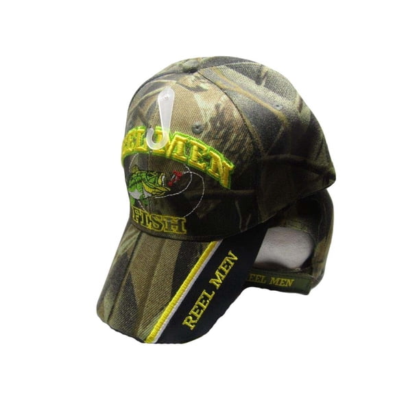 Reel Men Fish Fishing Camouflage Camo Black on Bill Embroidered Cap Hat