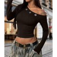 thumbnail image 6 of Women Long Sleeve Shirts Rib Knit Slim Fit Tops Off-Shoulder Tee Fall Outfits Casual T-Shirt Layer Clothes Brown M, 6 of 9