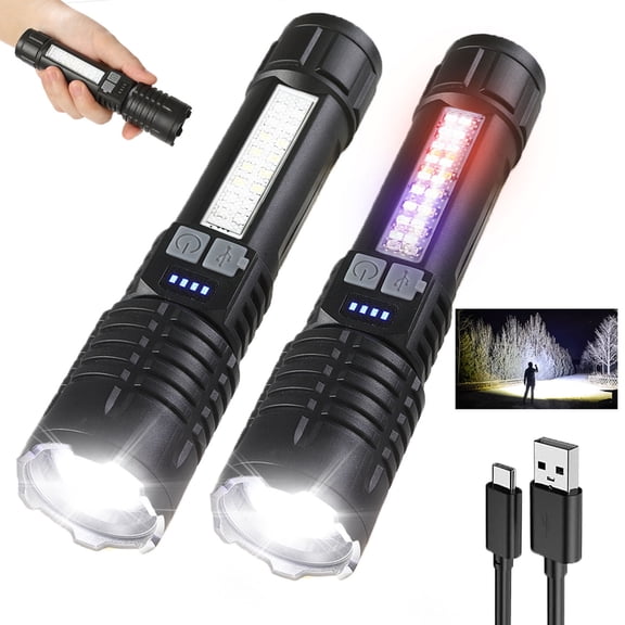 Upgraded Rechargeable LED Flashlights , Bright Tactical Torch High Lumens with 5 Modes Flashlight , Waterproof Zoomable Small Handheld Flash Lights for Emergency/Warning, Christmas Gifts 2 Pack