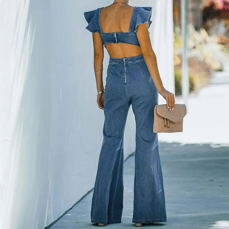 Womens Summer Ruffle Short Sleeve Wide Leg Denim Jumpsuits Back Hollow Out  Casual Loose Baggy Trousers Rompers 