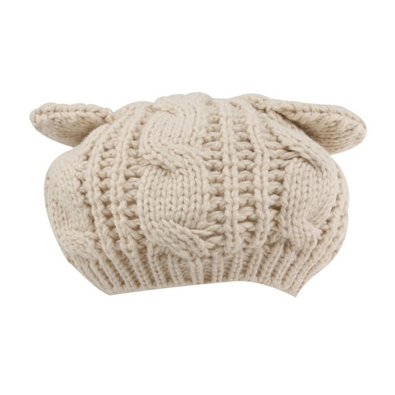 HEMOTON Autumn Cat Ears Shaped Women's Girls Crochet Braided Knit Ski Wool Hat Warm Beanie (Beige)