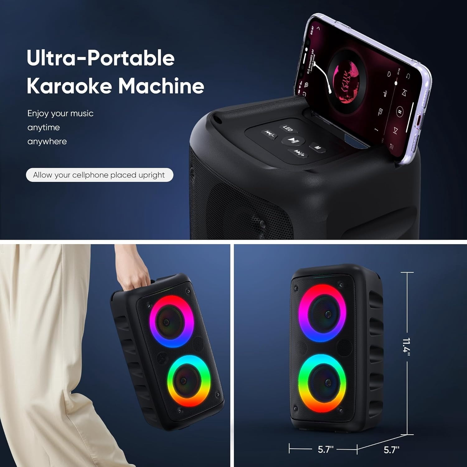 Portable Bluetooth Karaoke Machine with Wireless Mic LED Light TWS Rechargeable PA Speaker