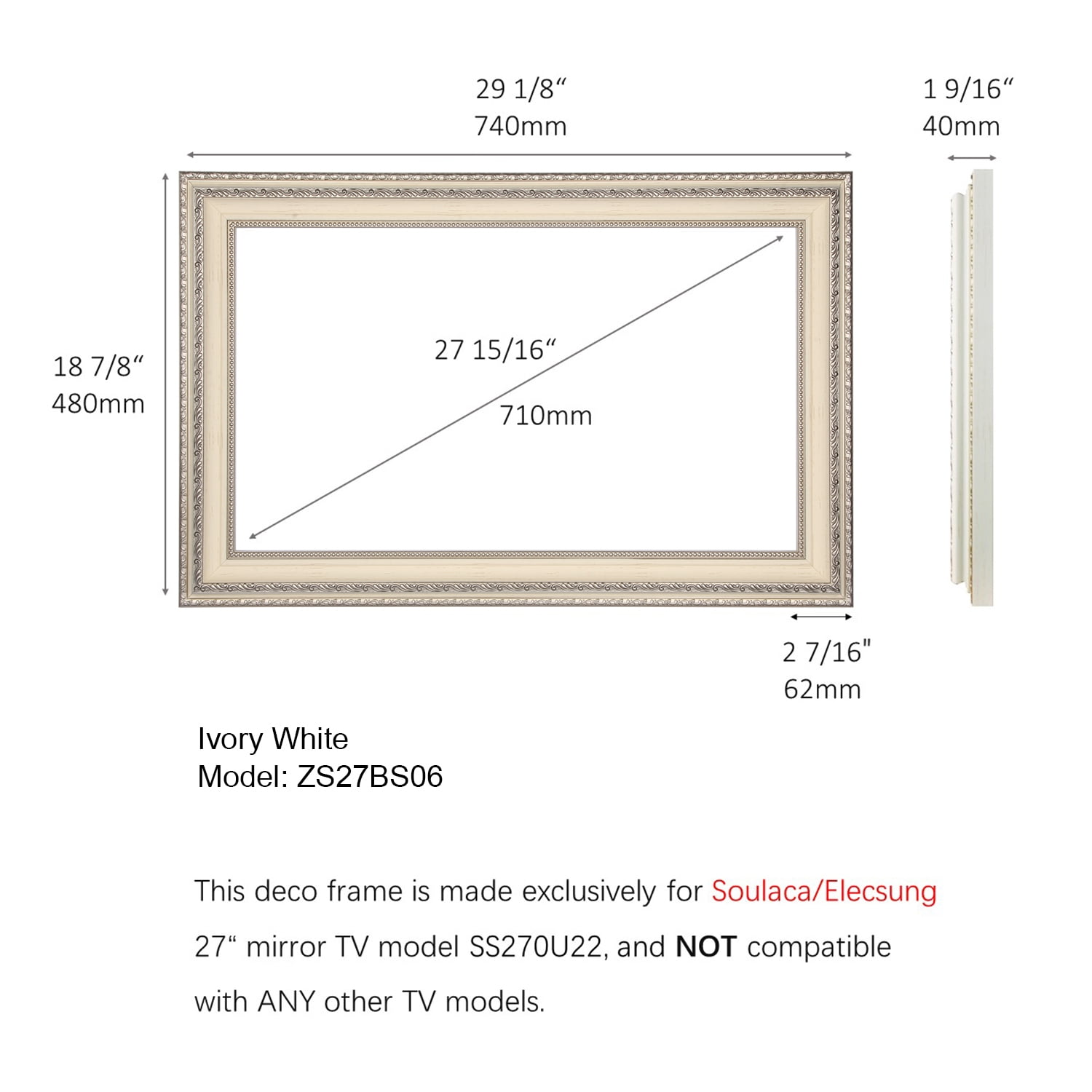 Elecsung 27 inches Smart webOS Mirror TV Antique Ivory Decor Frame for Bathroom System Built-in WiFi Bluetooth ATSC