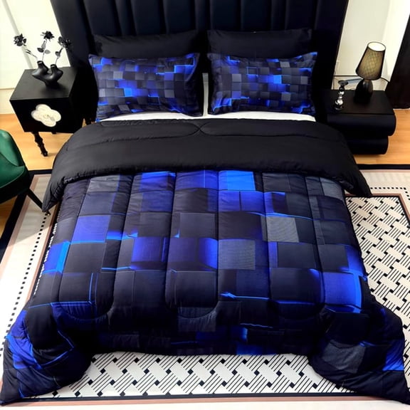 Flymme Queen Comforter Set,3 Piece Neon Geometric Checkered Bedding Set for Teen Men Gamer Room Decor Grids Quilt Square Plaid Check Bed Set for All Season