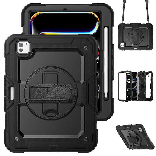 XYX For iPad Pro 11 inch Case 2024 (M4), 360 Rotating Shockproof Cover with Stand, Screen Protector, Shoulder Strap, Black