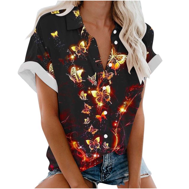 Blusa con estampado floral de manga corta con cuello en V para mujer OAVQHLG3B Store lin121212