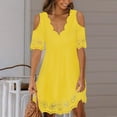 thumbnail image 4 of Wycnly Womens Dresses Party Prom Sexy Lace Patchwork Cold Shoulder Swing Tunic Short Dresses Summer Solid V-Neck Short Sleeve Formal Mini Dress Yellow XL, 4 of 7