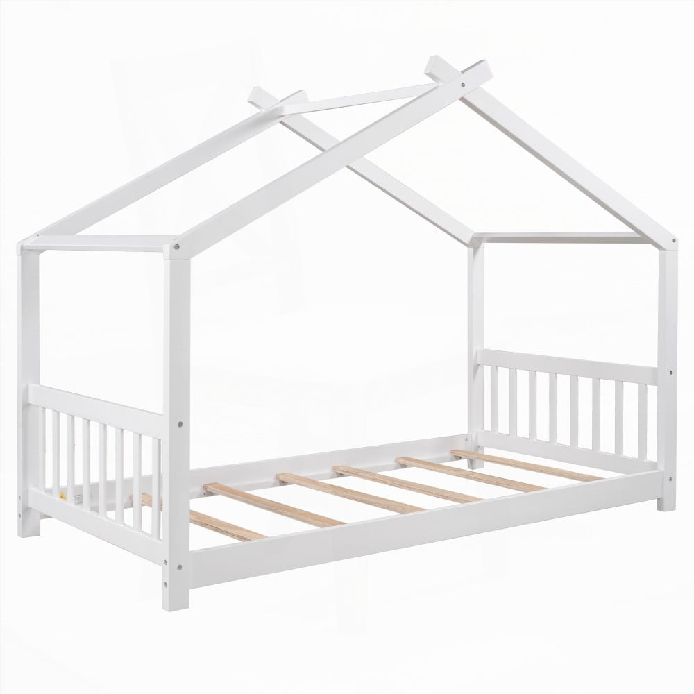 White Twin Size House Platform Bed - Easy Assembly & Durable Pine Wood
